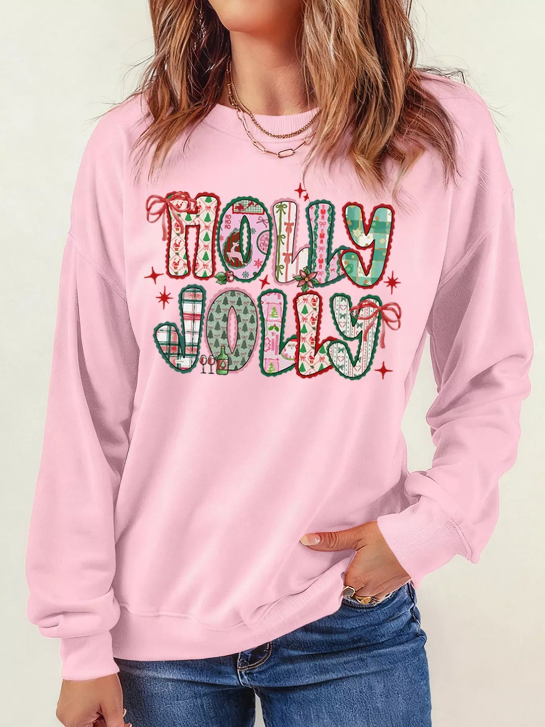 HOLLY JOLLY Cute Holiday Graphic Sweatshirt designed for comfort and style at Lookzlike