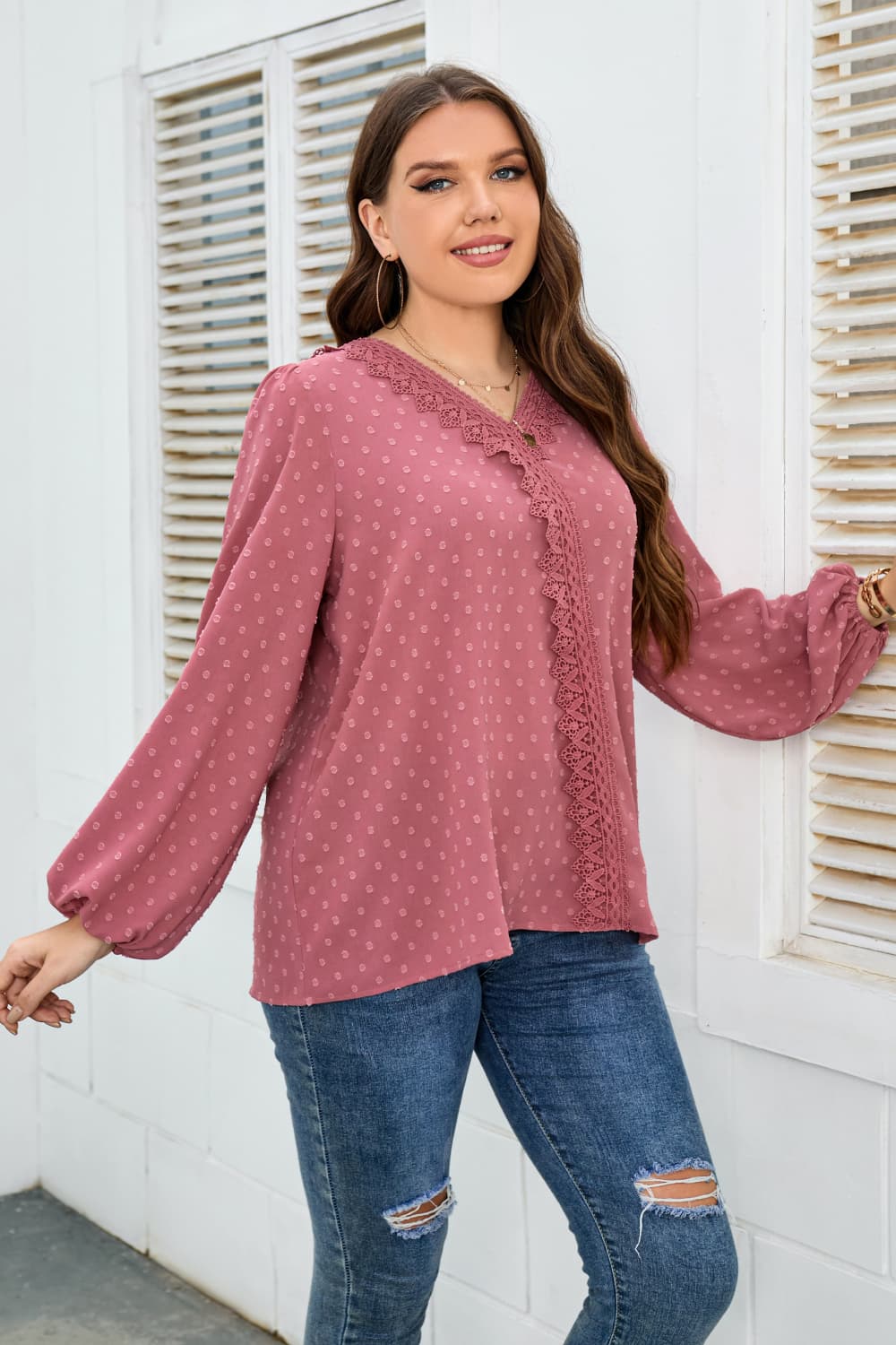Honey Melo Apparel Plus Size Lace Trim V-Neck Balloon Sleeve Blouse - Lookzlike