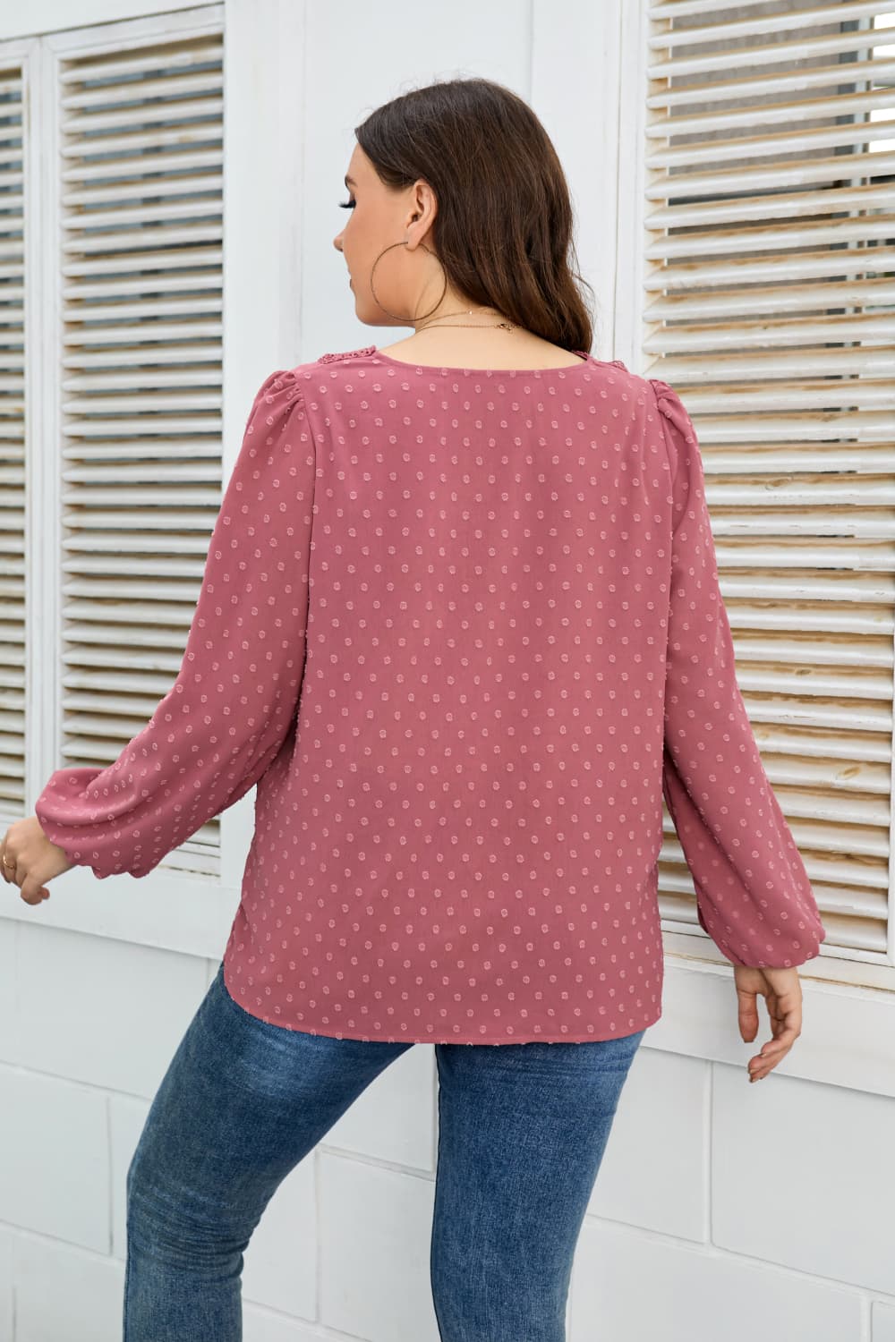 Honey Melo Apparel Plus Size Lace Trim V-Neck Balloon Sleeve Blouse - Lookzlike