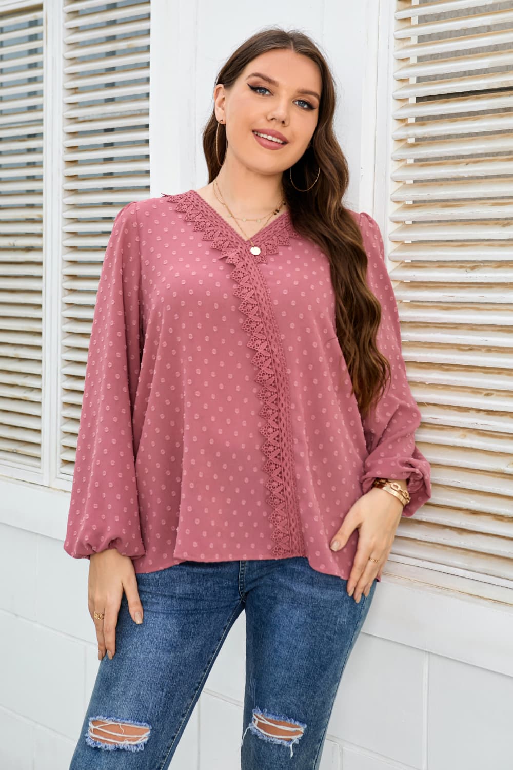 Honey Melo Apparel Plus Size Lace Trim V-Neck Balloon Sleeve Blouse - Lookzlike