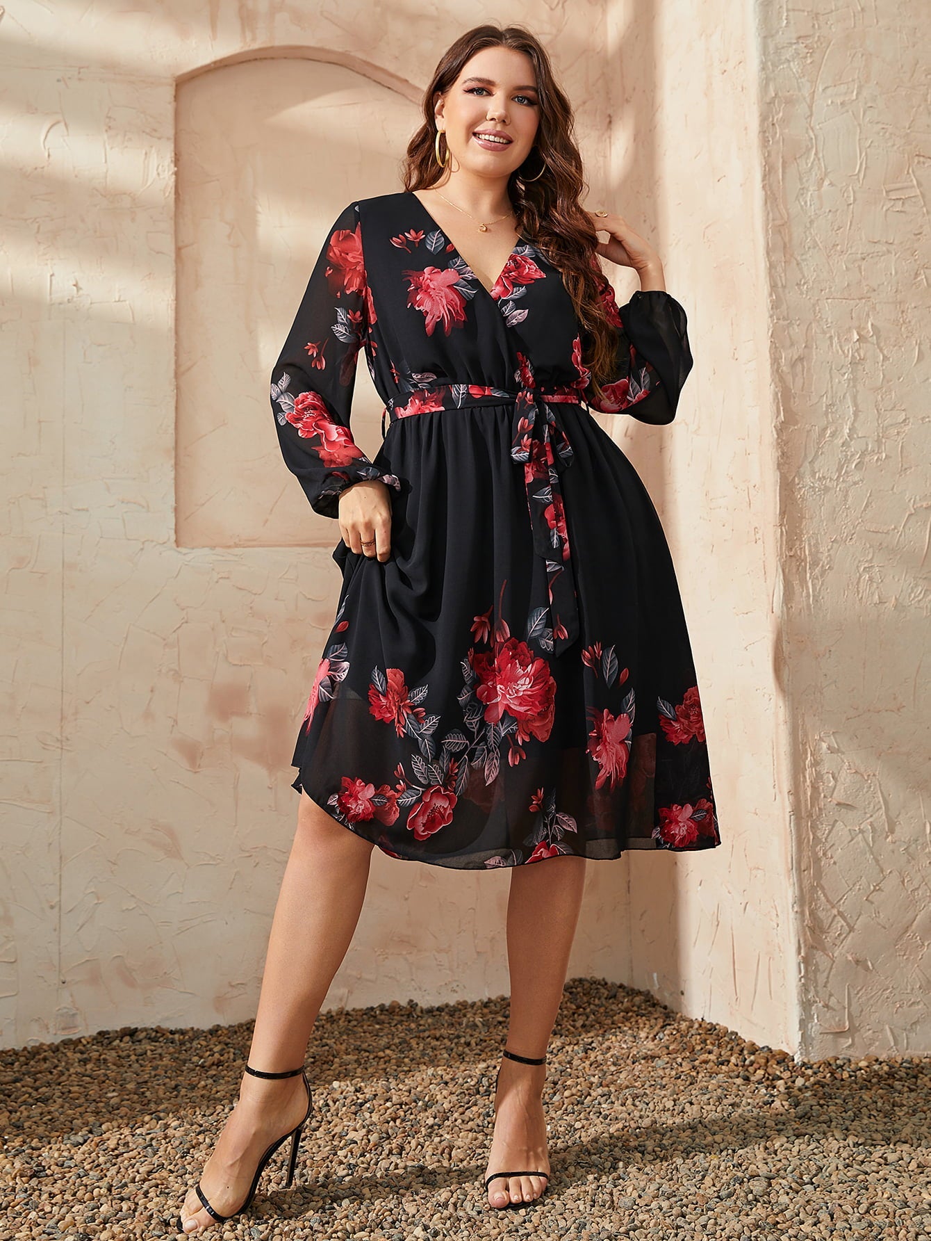Honey Plus Size Floral Surplice Neck Tie Waist Dress - Lookzlike