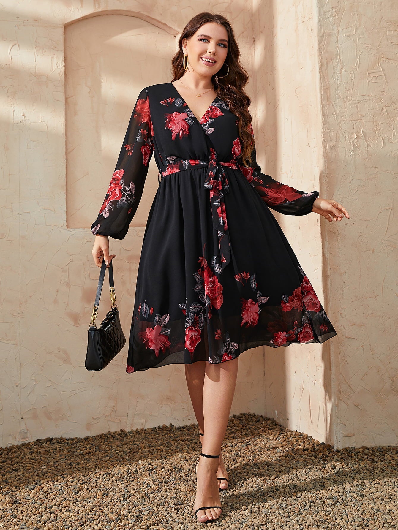 Honey Plus Size Floral Surplice Neck Tie Waist Dress - Lookzlike