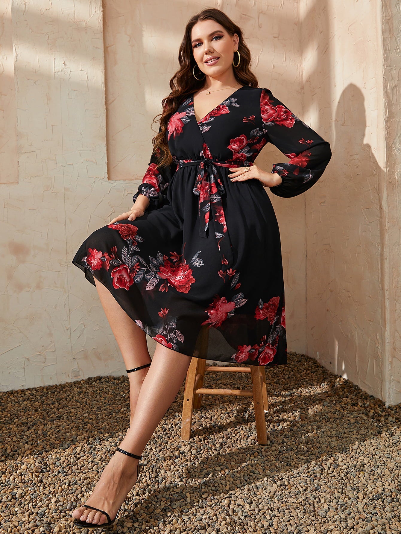 Honey Plus Size Floral Surplice Neck Tie Waist Dress - Lookzlike