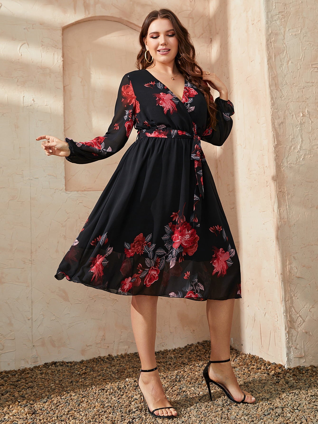 Honey Plus Size Floral Surplice Neck Tie Waist Dress - Lookzlike