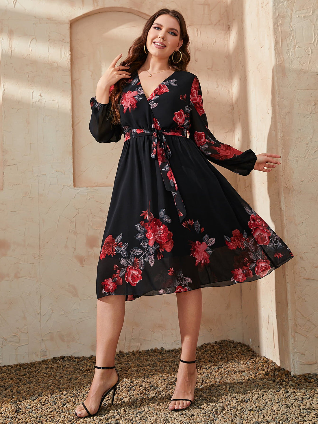 Honey Plus Size Floral Surplice Neck Tie Waist Dress - Lookzlike