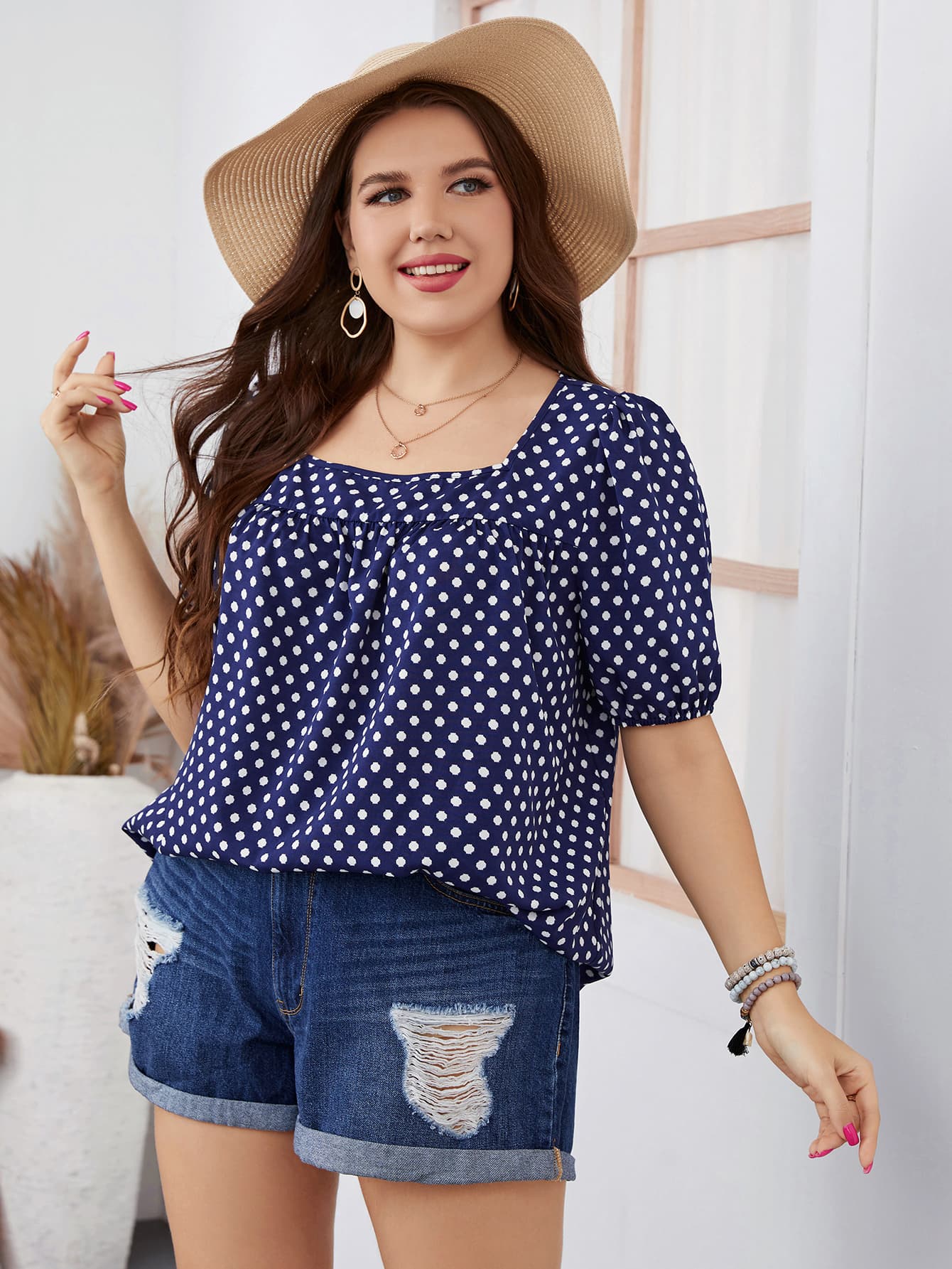 Honey Plus Size Polka Dot Square Neck Blouse - Lookzlike