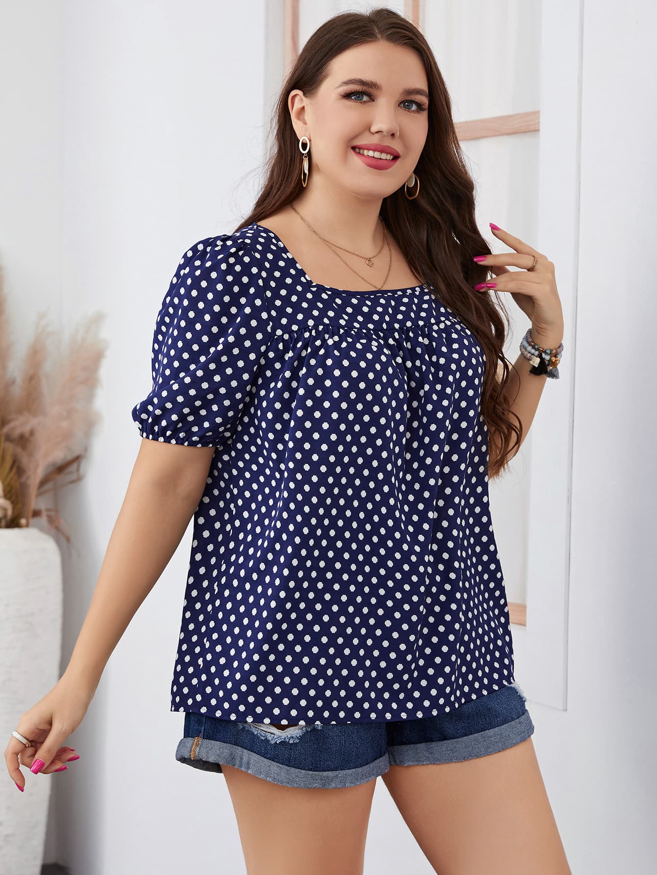 Honey Plus Size Polka Dot Square Neck Blouse - Lookzlike
