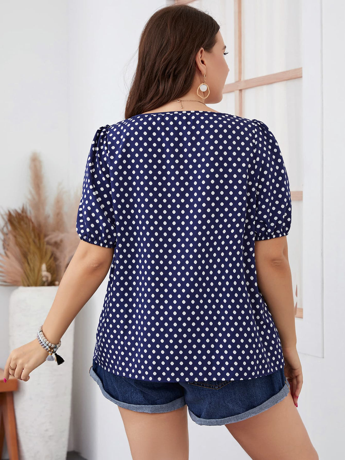 Honey Plus Size Polka Dot Square Neck Blouse - Lookzlike