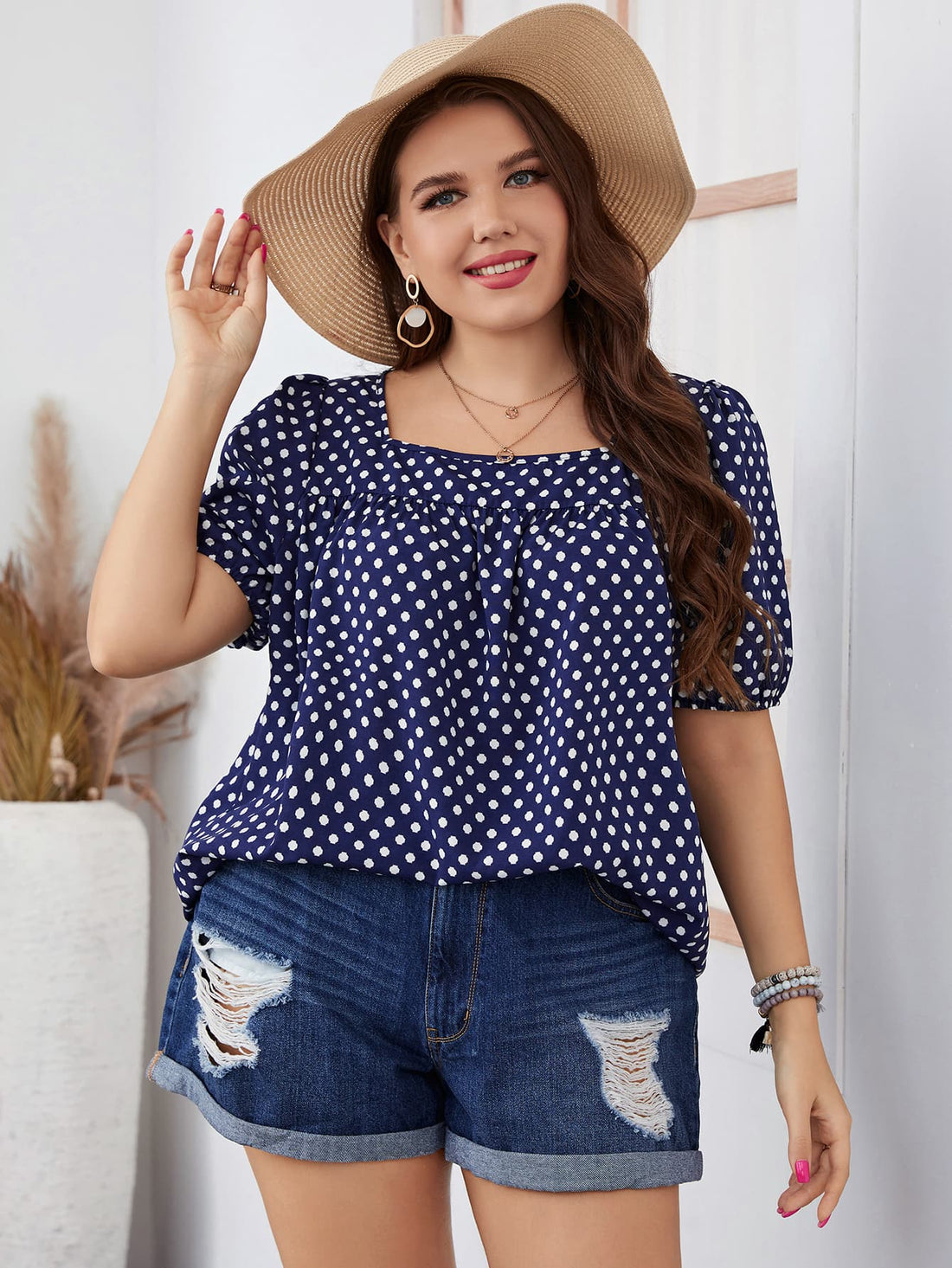 Honey Plus Size Polka Dot Square Neck Blouse - Lookzlike