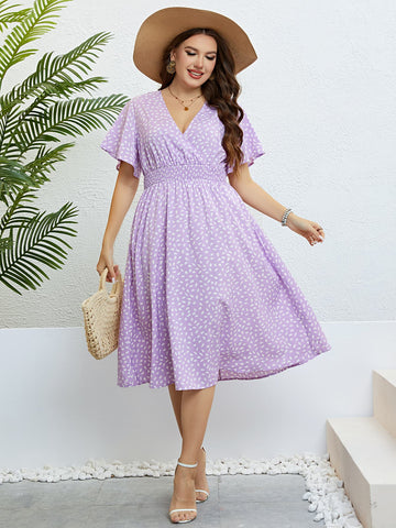 Honey Plus Size Printed Smocked Waist Surplice Dress - Lookzlike