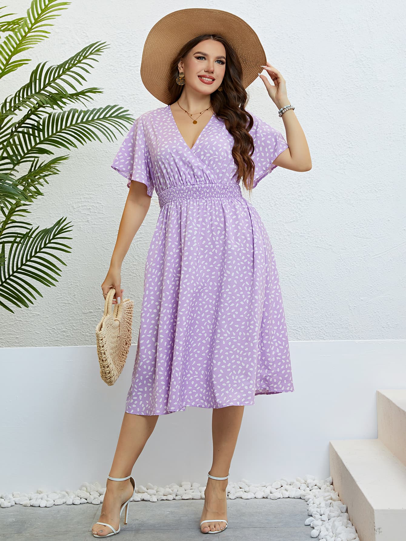 Honey Plus Size Printed Smocked Waist Surplice Dress - Lookzlike