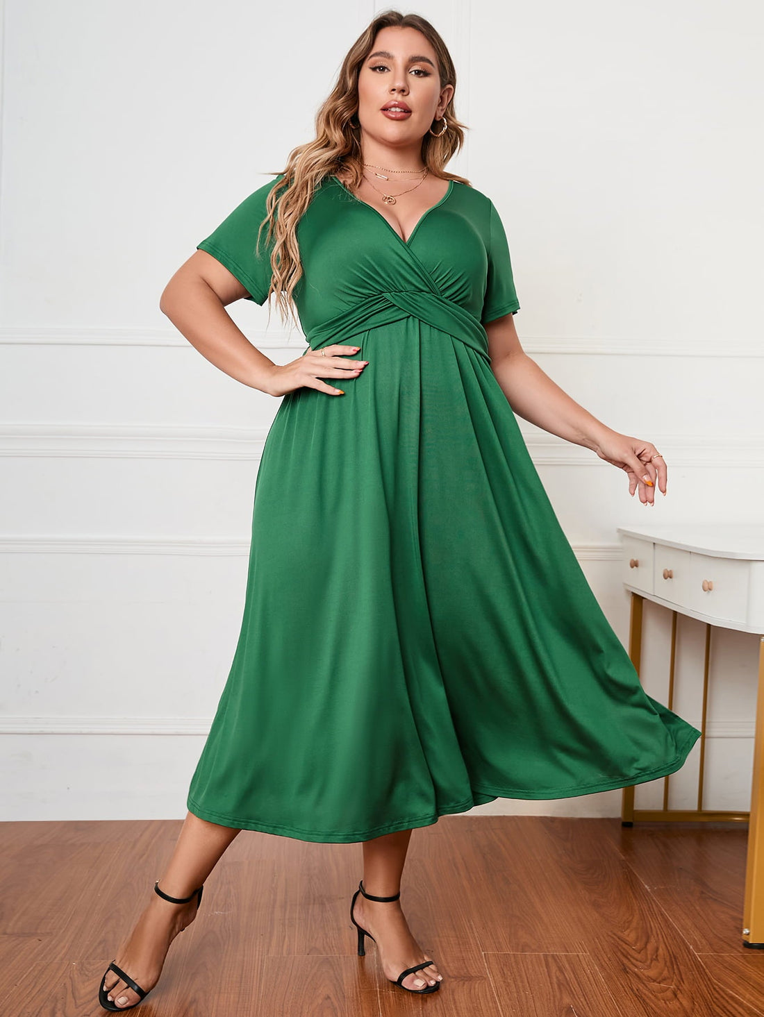 Honey Plus Size Short Sleeve Surplice Neck Midi Dress - Lookzlike