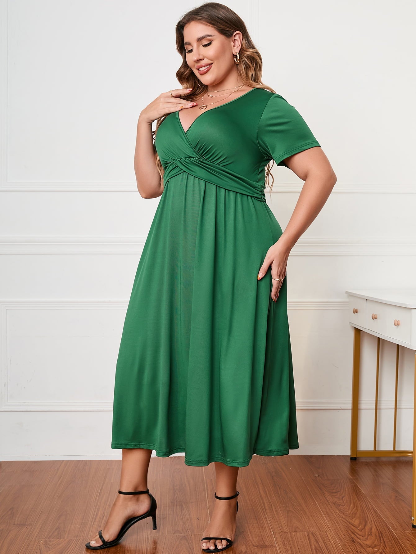 Honey Plus Size Short Sleeve Surplice Neck Midi Dress - Lookzlike
