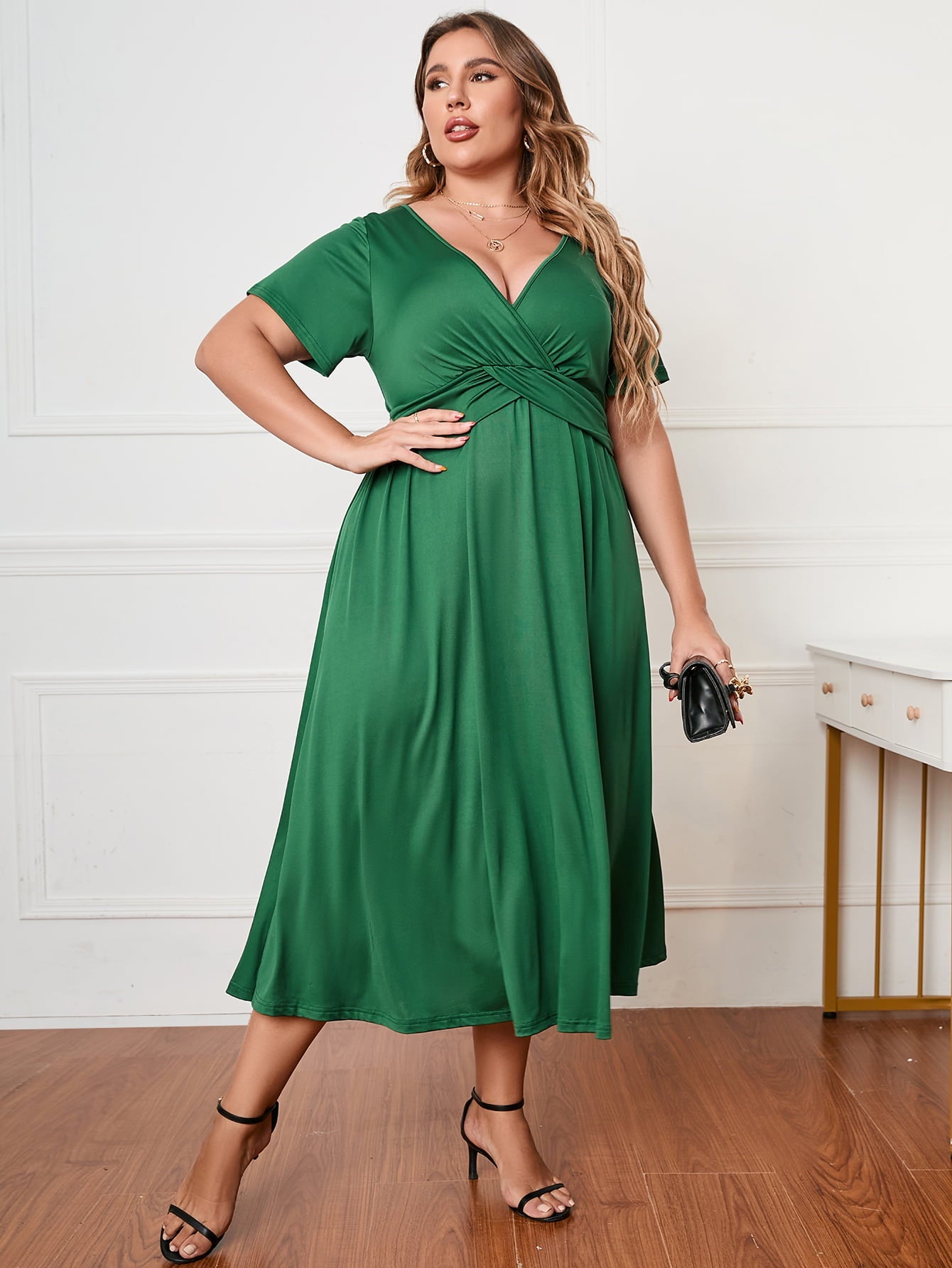 Honey Plus Size Short Sleeve Surplice Neck Midi Dress - Lookzlike