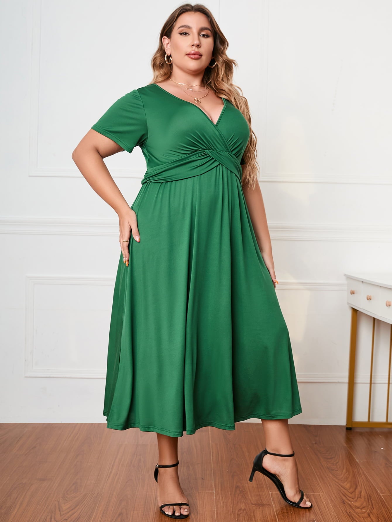 Honey Plus Size Short Sleeve Surplice Neck Midi Dress - Lookzlike