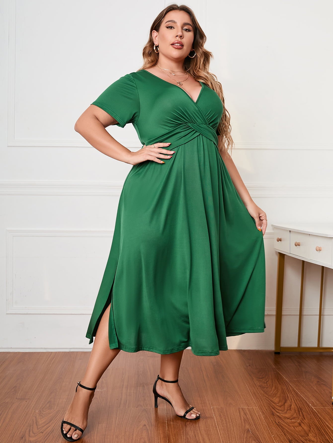 Honey Plus Size Short Sleeve Surplice Neck Midi Dress - Lookzlike