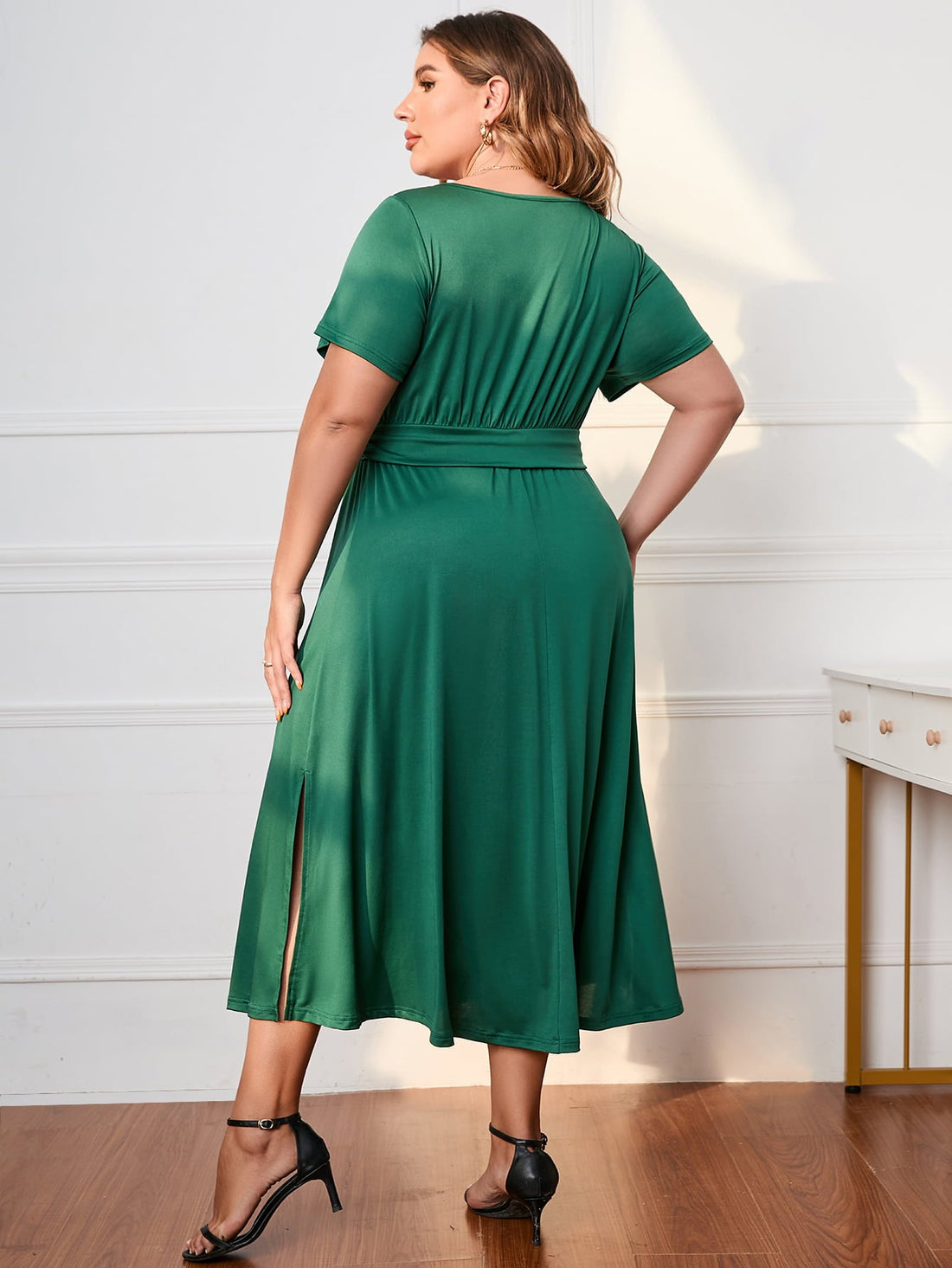 Honey Plus Size Short Sleeve Surplice Neck Midi Dress - Lookzlike