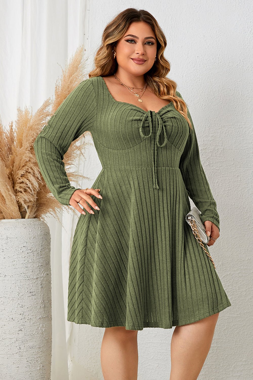 Honey Plus Size Sweetheart Neck Long Sleeve Ribbed Dress - Lookzlike