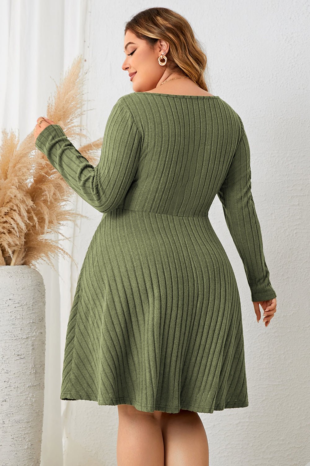 Honey Plus Size Sweetheart Neck Long Sleeve Ribbed Dress - Lookzlike