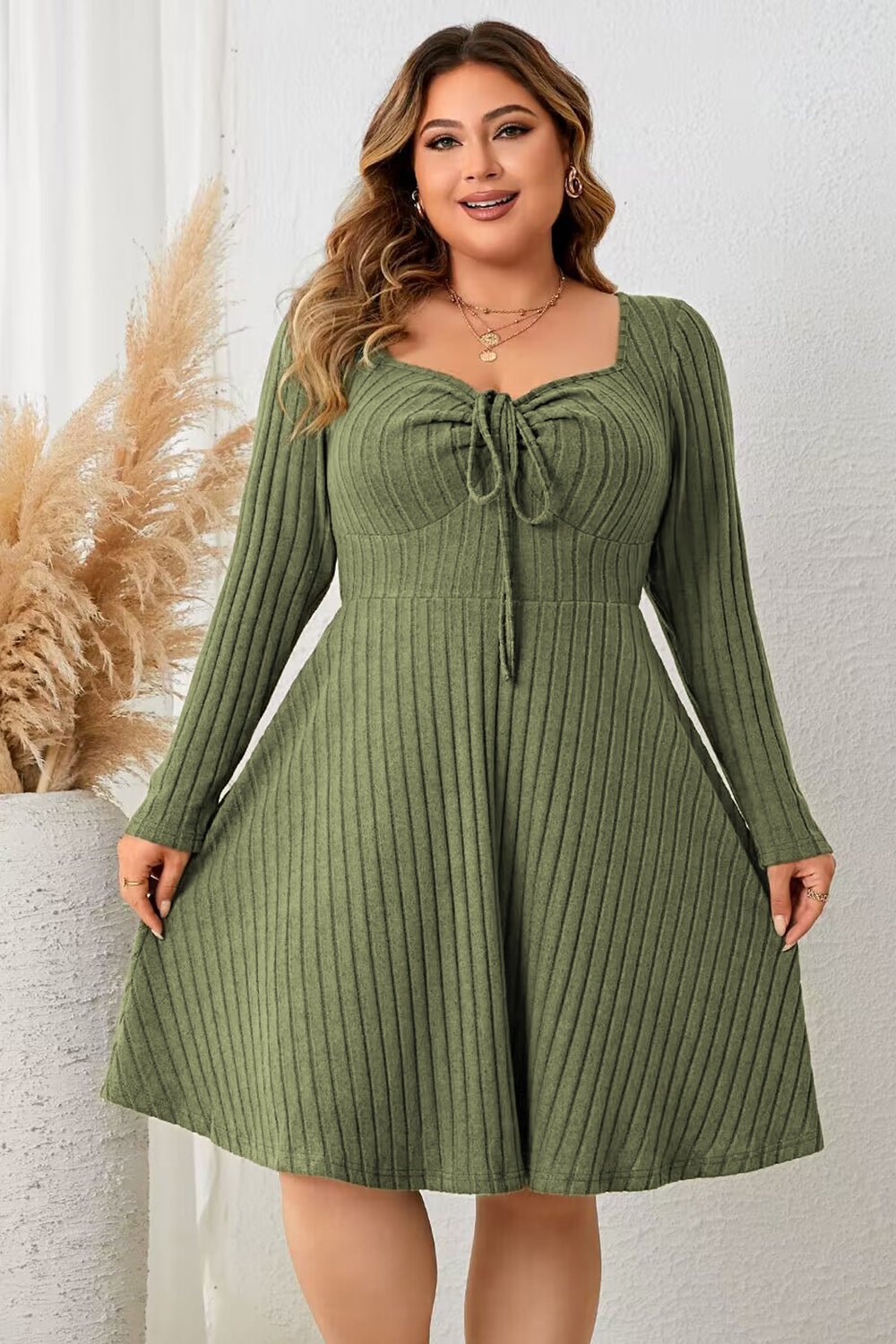 Honey Plus Size Sweetheart Neck Long Sleeve Ribbed Dress - Lookzlike