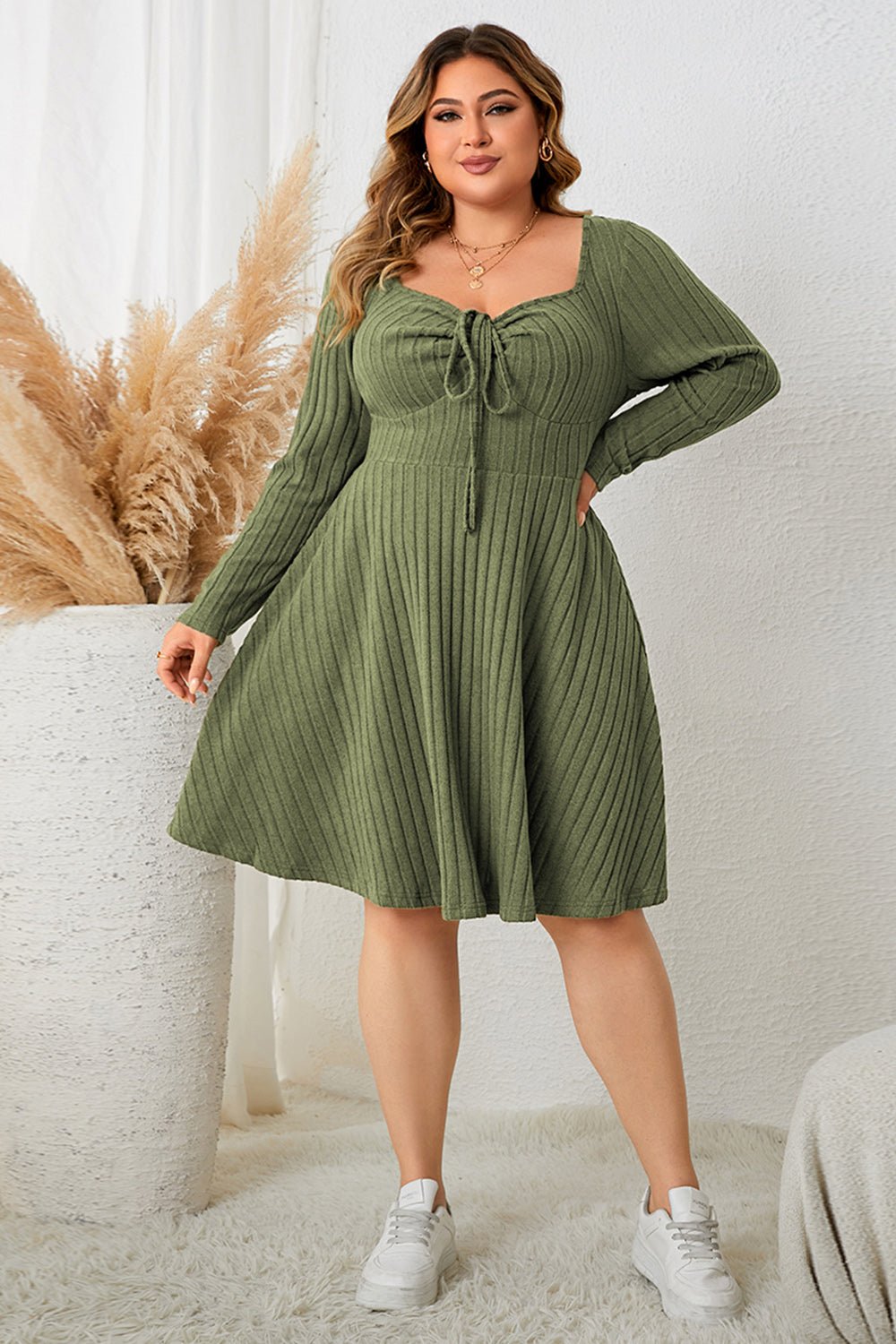 Honey Plus Size Sweetheart Neck Long Sleeve Ribbed Dress - Lookzlike
