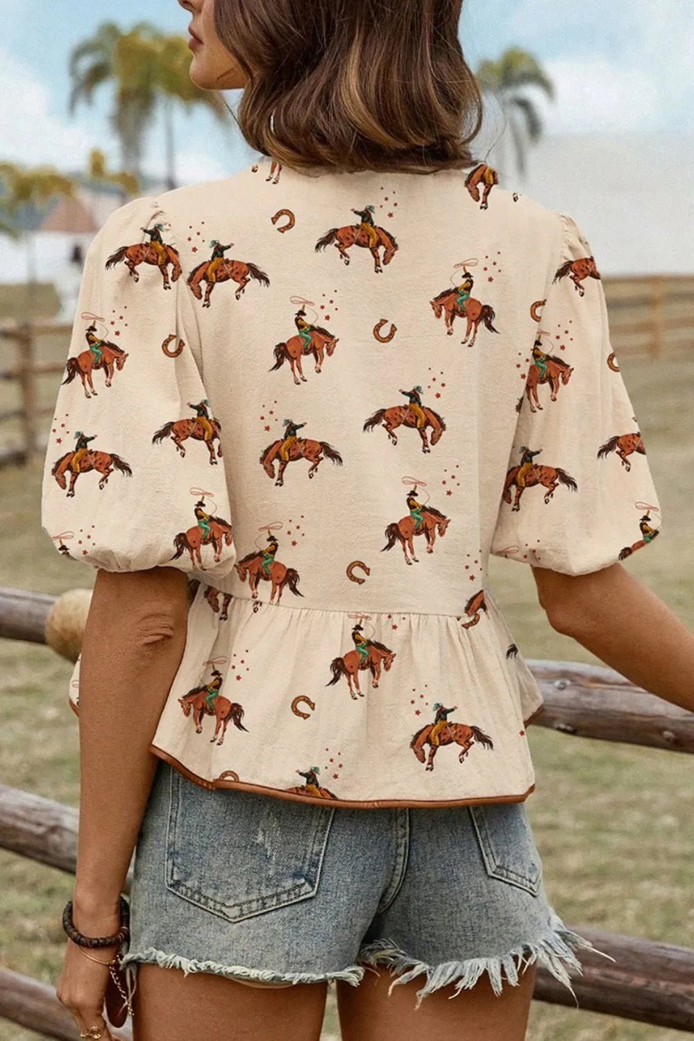 Horse Print Tie-Front Peplum Blouse - Lookzlike