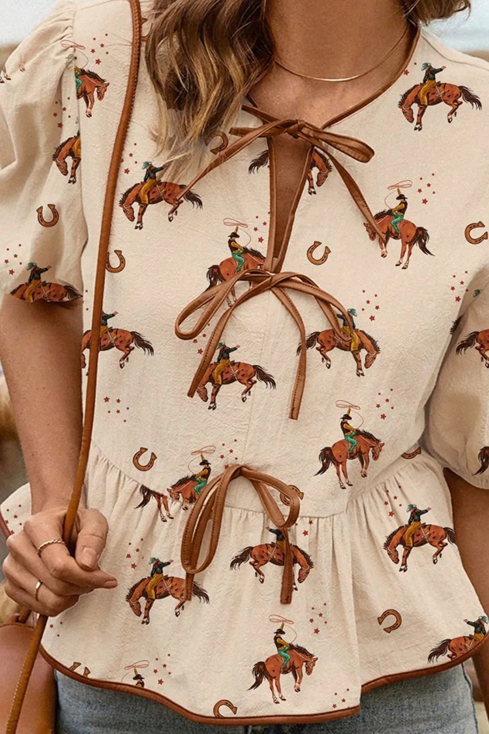 Horse Print Tie-Front Peplum Blouse - Lookzlike
