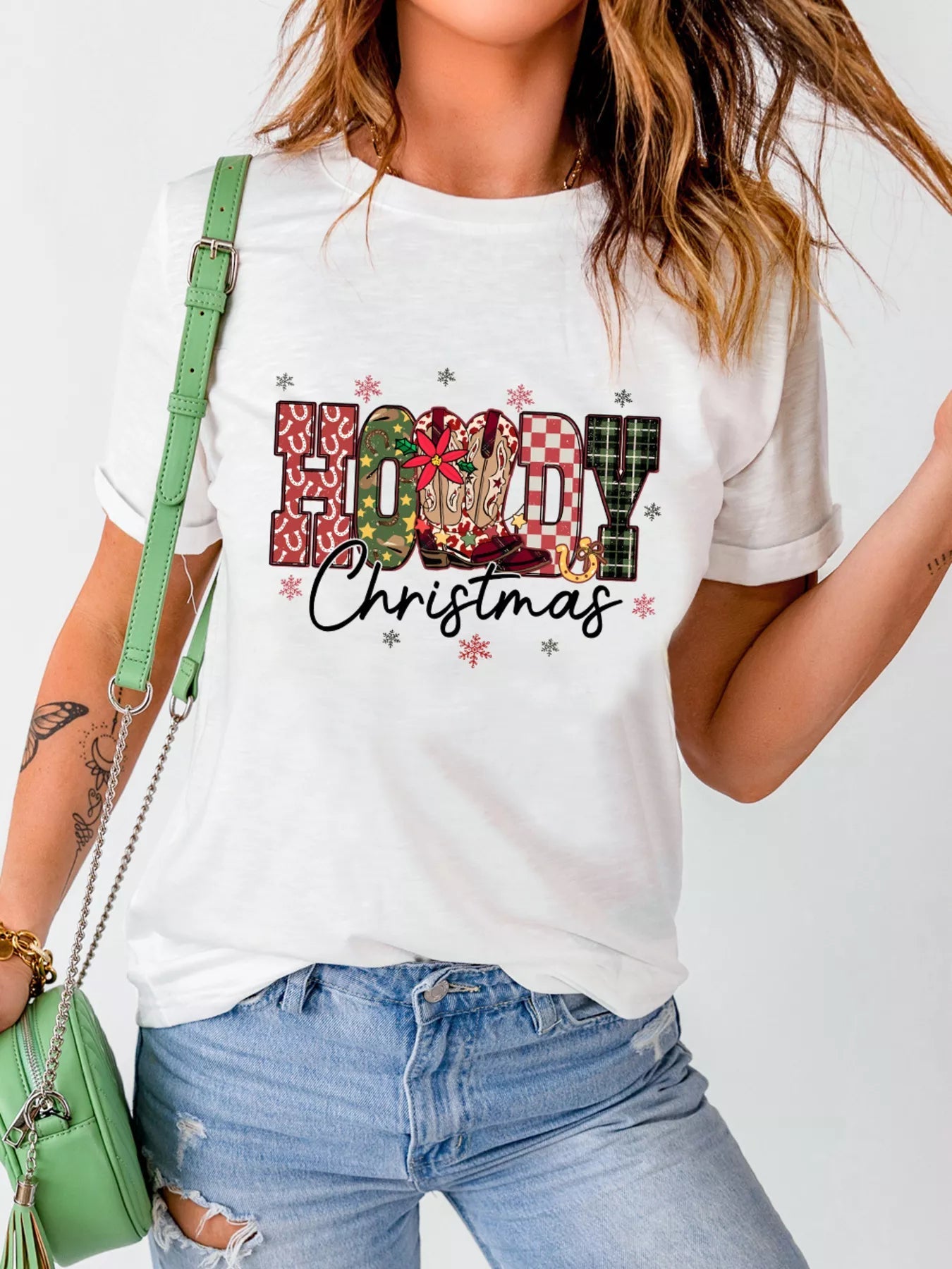 HOWDY Christmas Festive Letter Printed Crew Neck T Shirt designed for comfort and style at Lookzlike