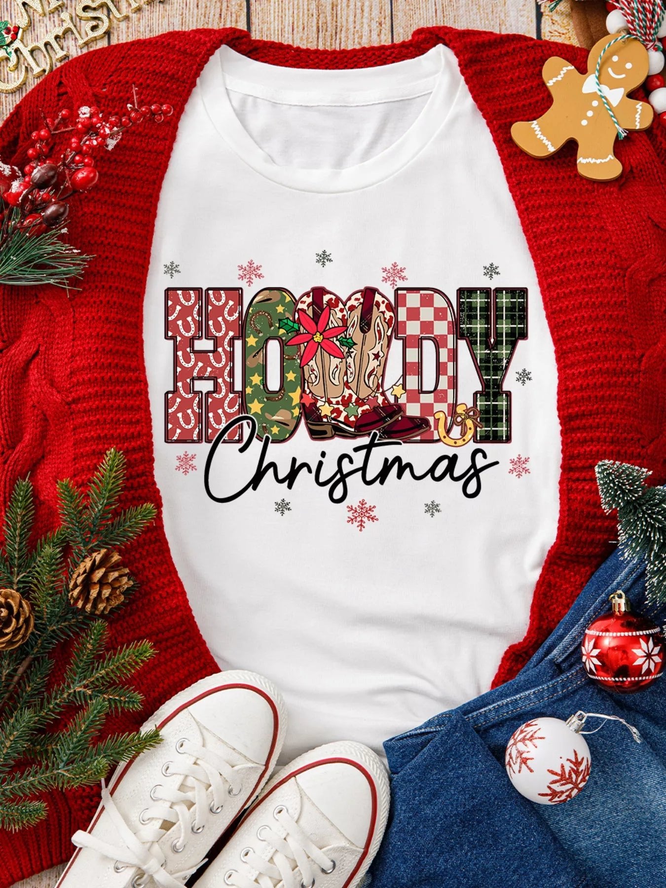 HOWDY Christmas Festive Letter Printed Crew Neck T Shirt designed for comfort and style at Lookzlike