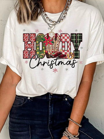 HOWDY Christmas Festive Letter Printed Crew Neck T Shirt designed for comfort and style at Lookzlike