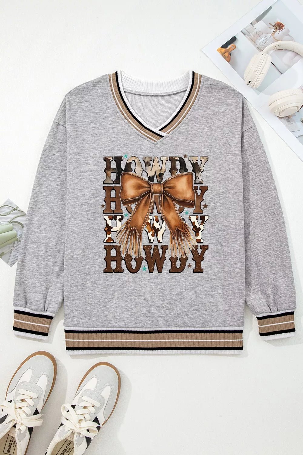 Howdy Graphic V - Neck Sweatshirt designed for comfort and style at Lookzlike