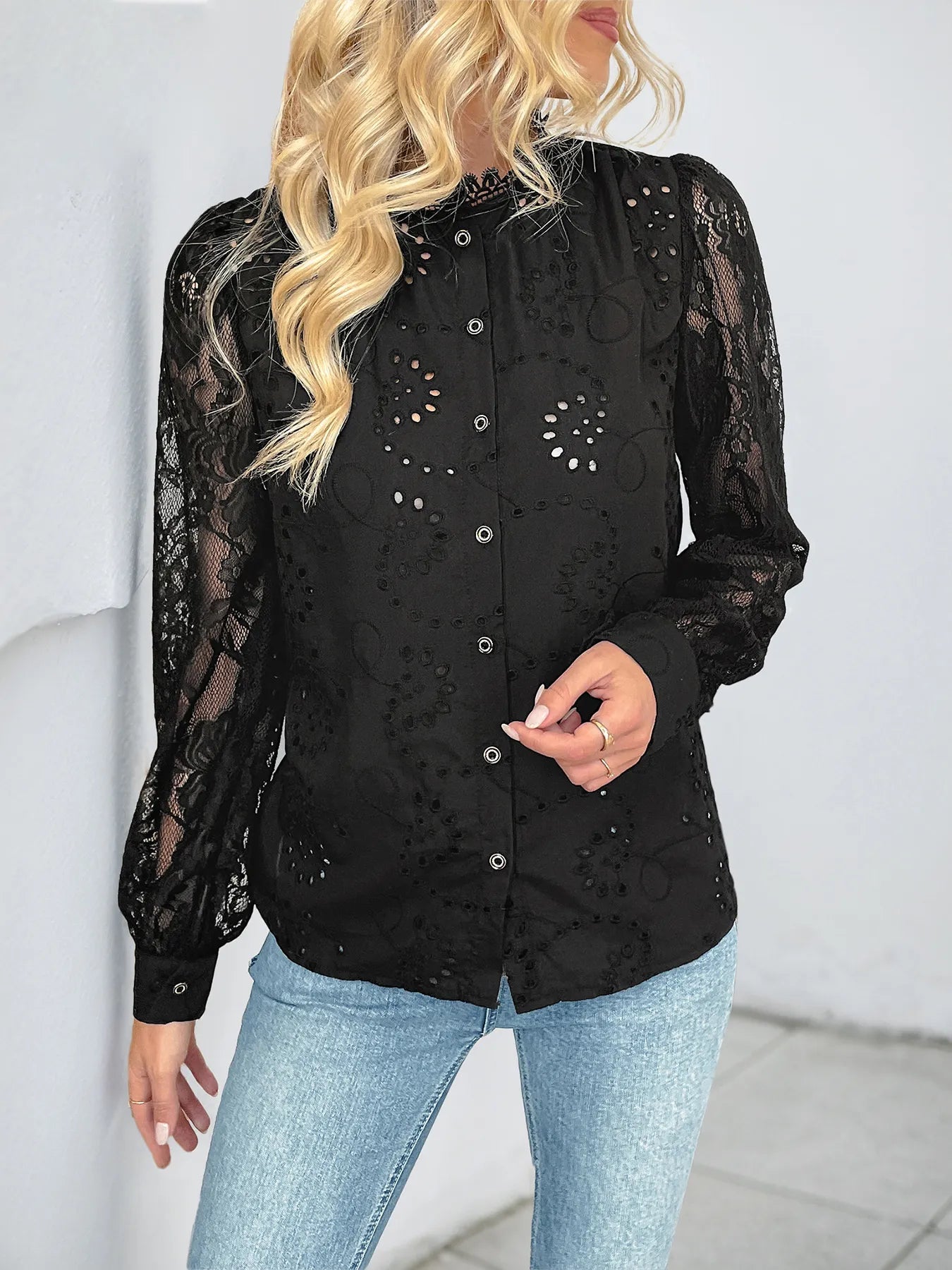 Lace Button Up Long Sleeve Shirt - Lookzlike