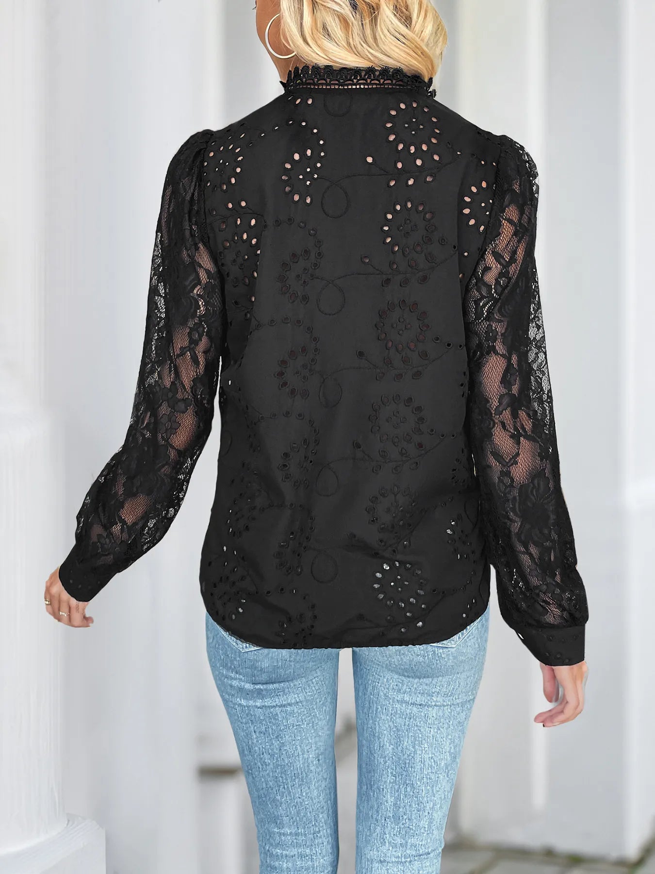 Lace Button Up Long Sleeve Shirt - Lookzlike
