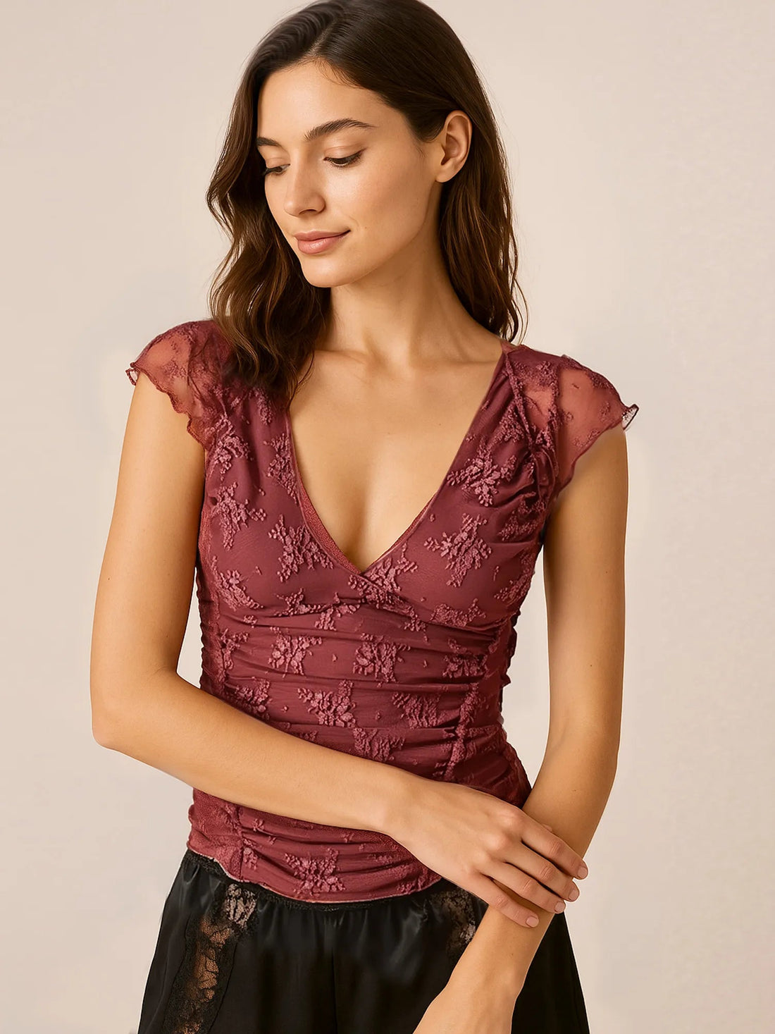 Lace Cap Sleeve Ruched T-Shirt - Lookzlike