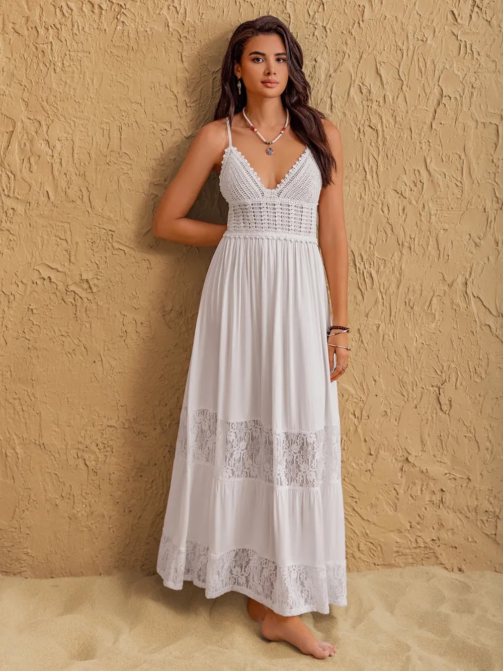 Lace Detail Crochet Tiered Maxi Cami Dress - Lookzlike