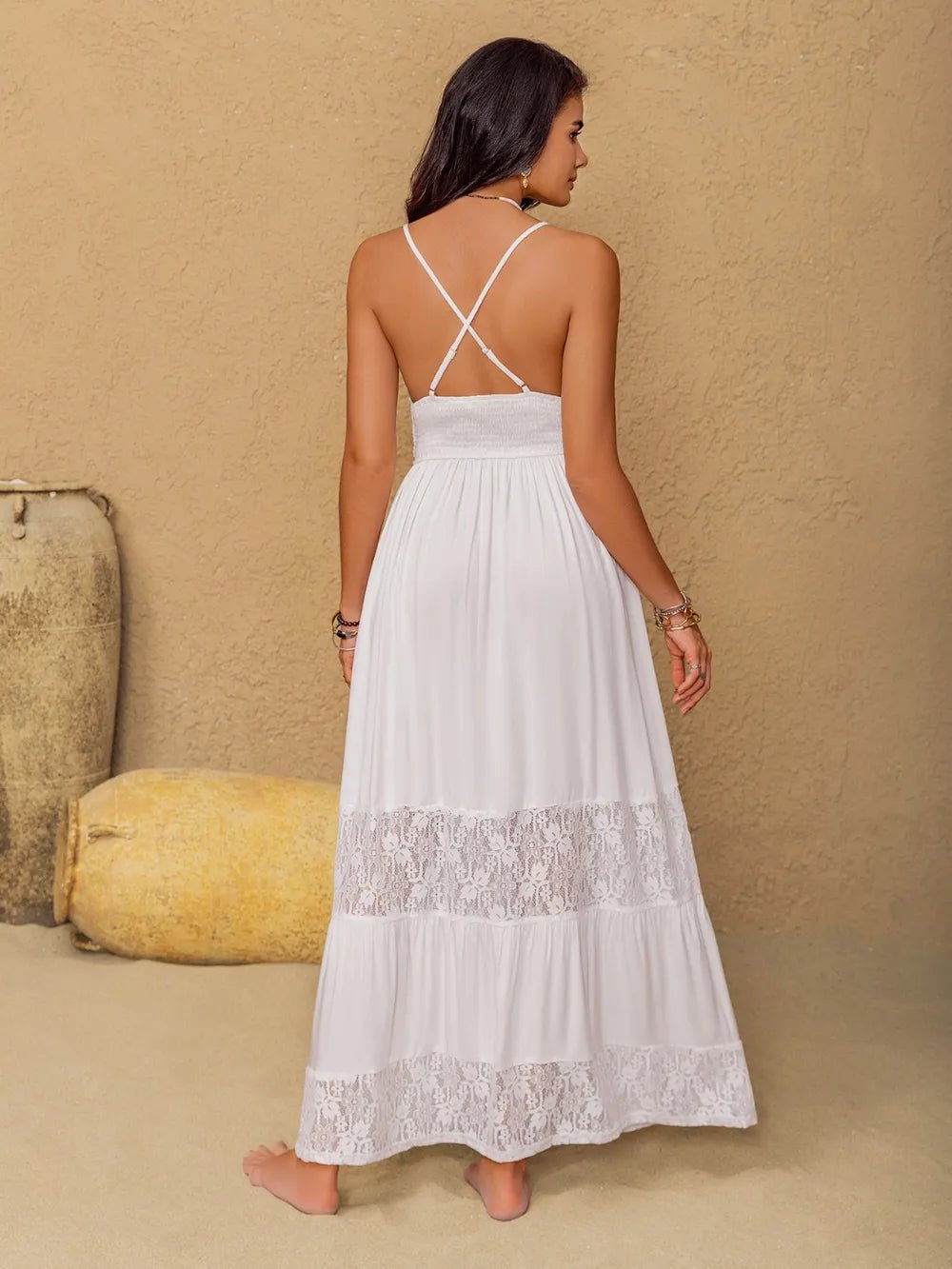 Lace Detail Crochet Tiered Maxi Cami Dress - Lookzlike