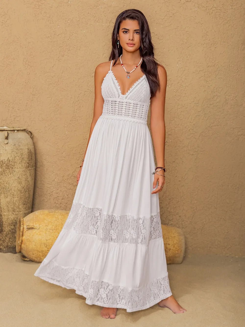 Lace Detail Crochet Tiered Maxi Cami Dress - Lookzlike