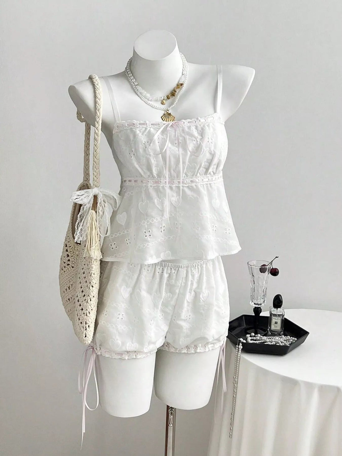 Lace Detail Eyelet Cami and Shorts Set designed for comfort and style at Lookzlike