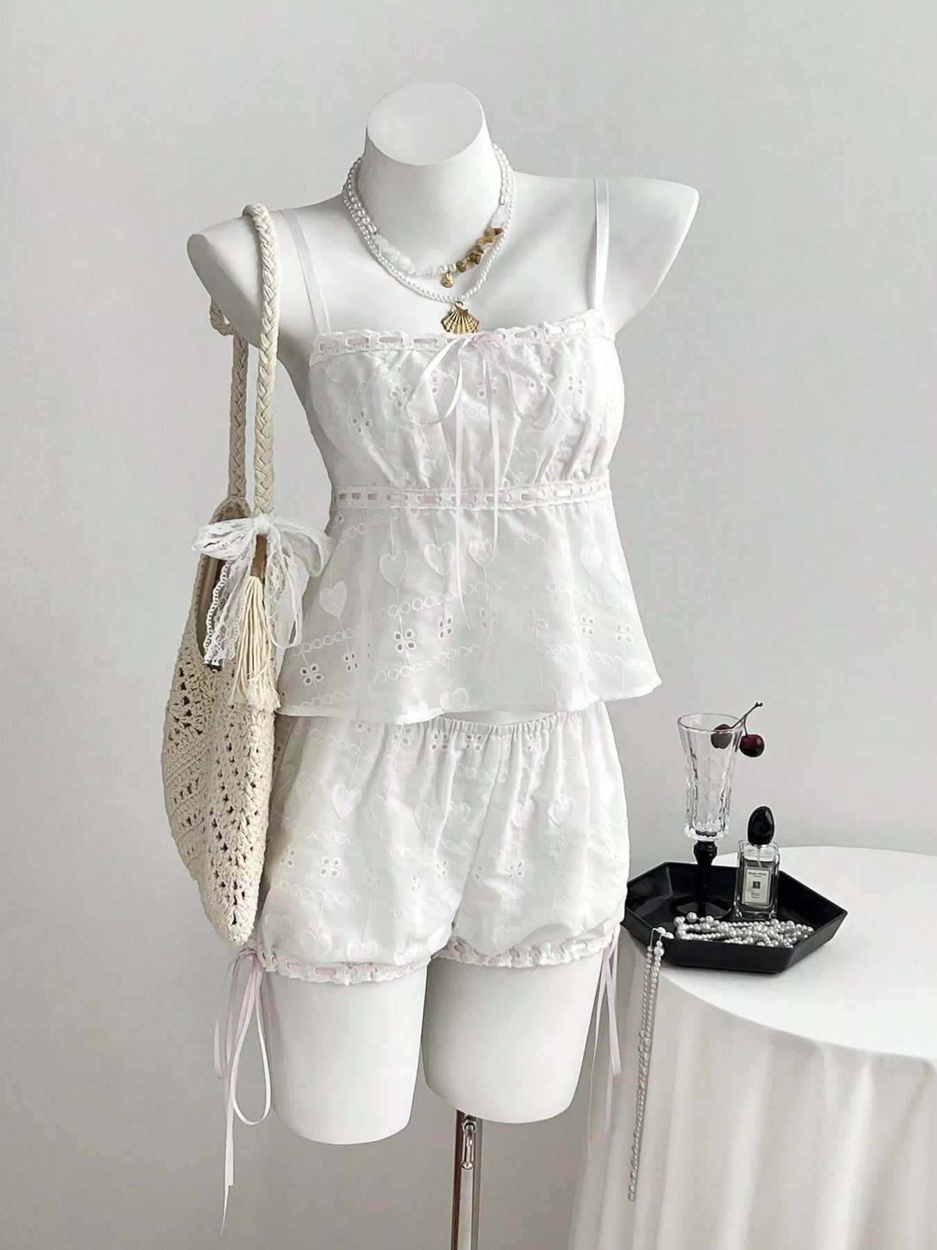 Lace Detail Eyelet Cami and Shorts Set designed for comfort and style at Lookzlike