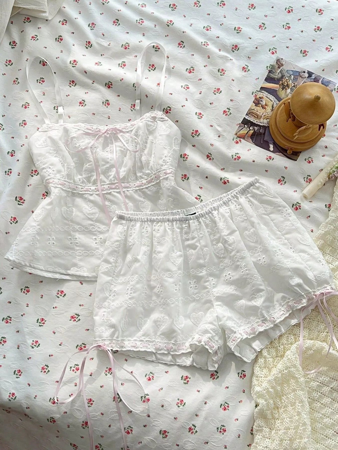 Lace Detail Eyelet Cami and Shorts Set designed for comfort and style at Lookzlike