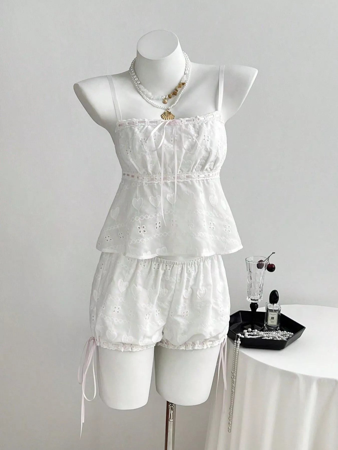 Lace Detail Eyelet Cami and Shorts Set designed for comfort and style at Lookzlike