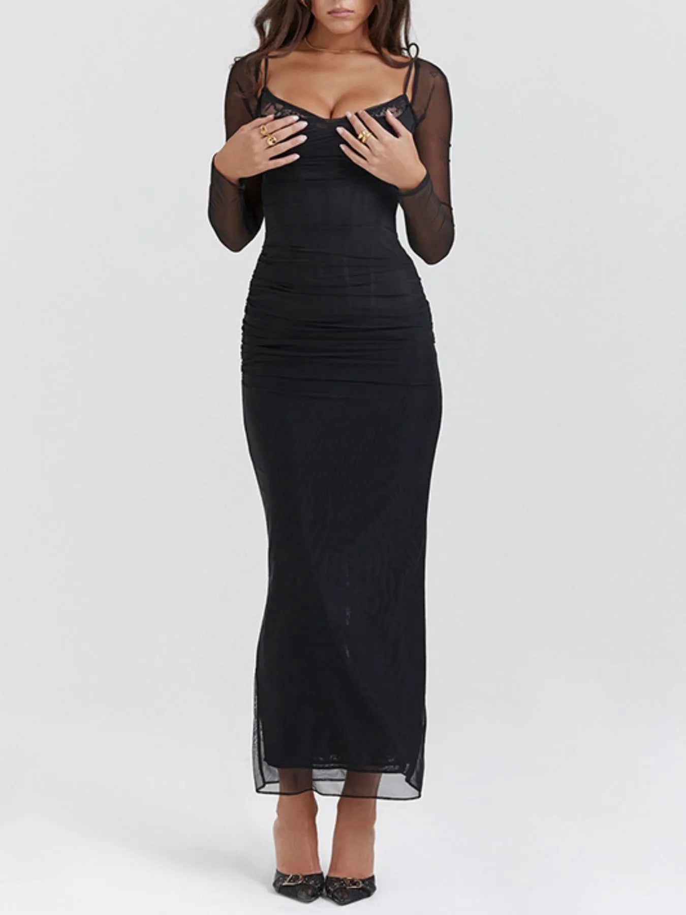 Lace Detail Long Sleeve Bodycon Maxi Dress designed for comfort and style at Lookzlike