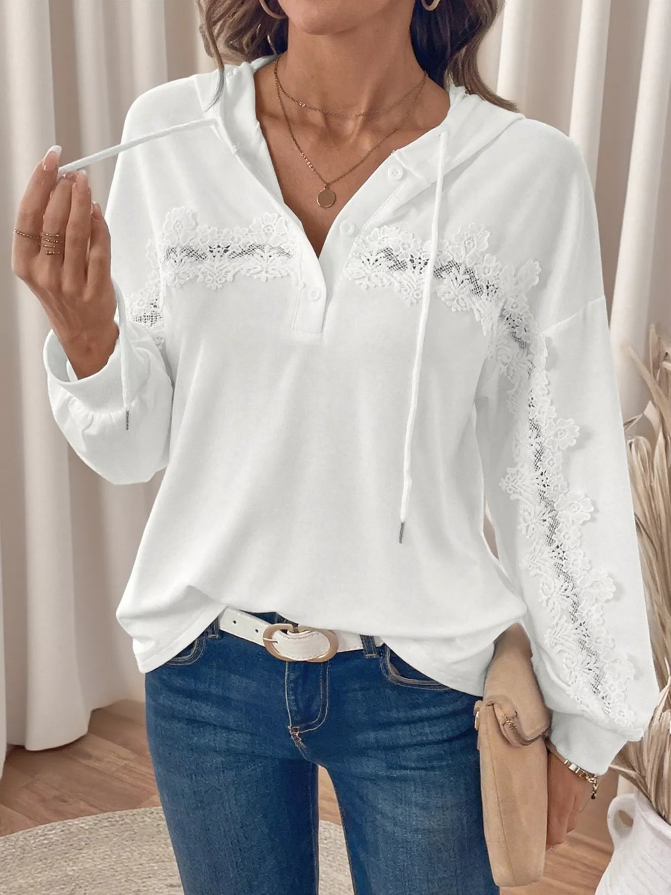 Lace Detail Long Sleeve Drawstring Hoodie designed for comfort and style at Lookzlike
