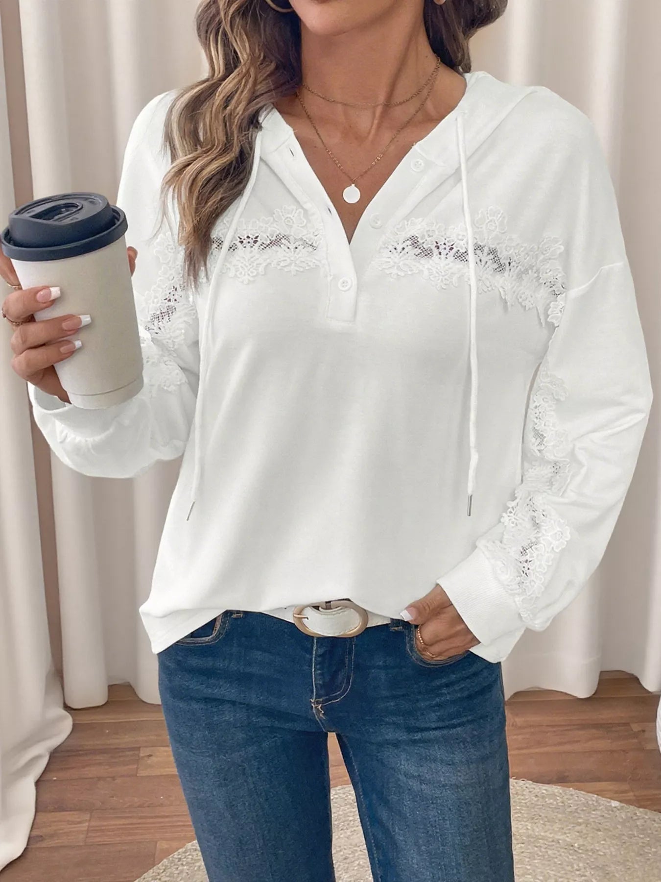 Lace Detail Long Sleeve Drawstring Hoodie designed for comfort and style at Lookzlike