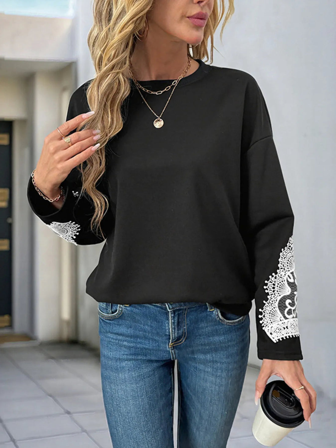 Lace Detail Long Sleeve Sweatshirt - Lookzlike