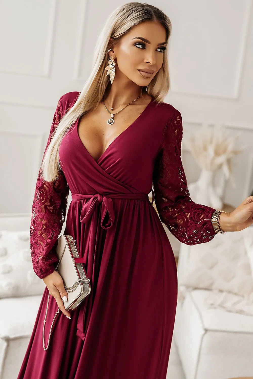 Lace Detail Surplice Tie - Waist Maxi Dress designed for comfort and style at Lookzlike