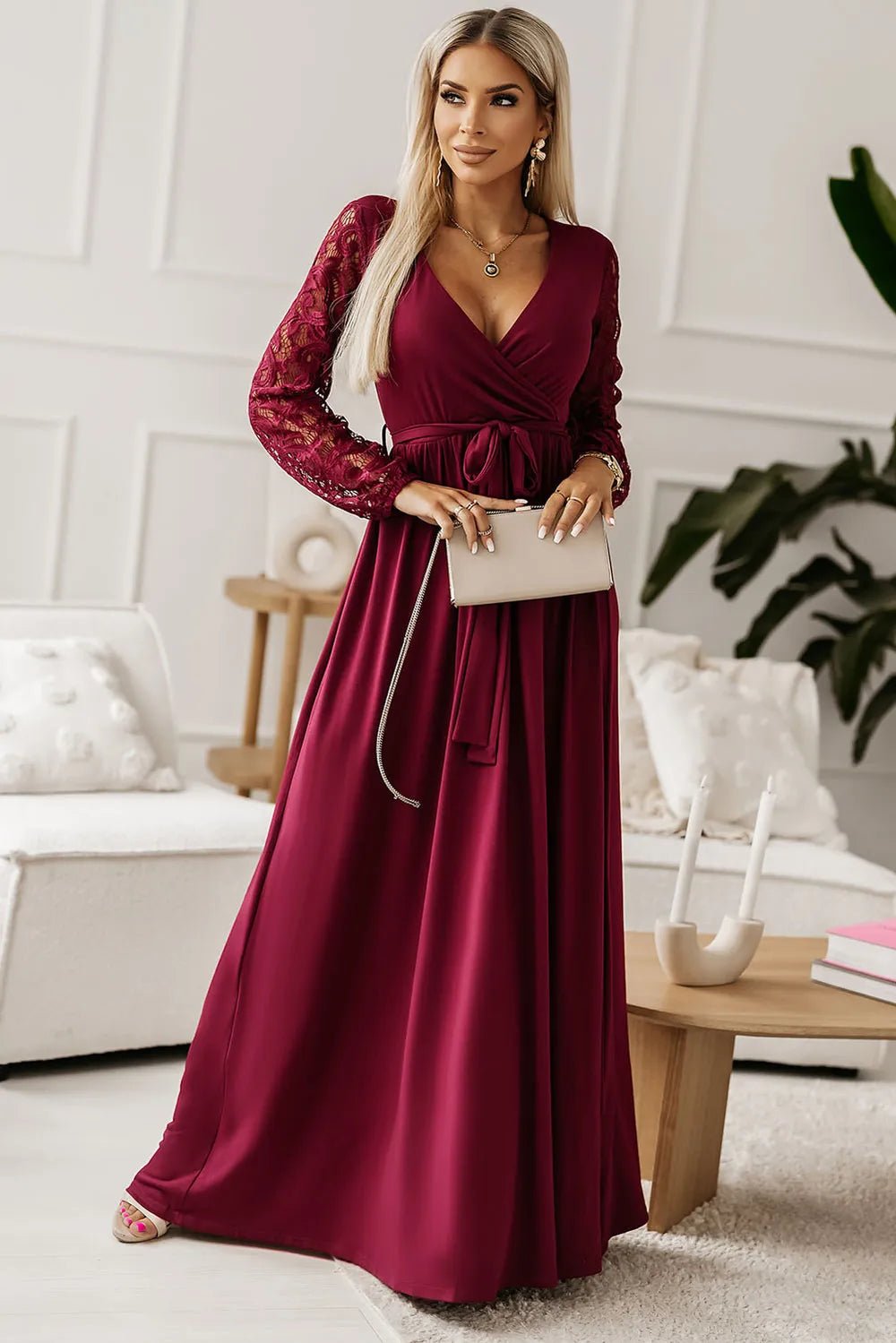 Lace Detail Surplice Tie - Waist Maxi Dress designed for comfort and style at Lookzlike