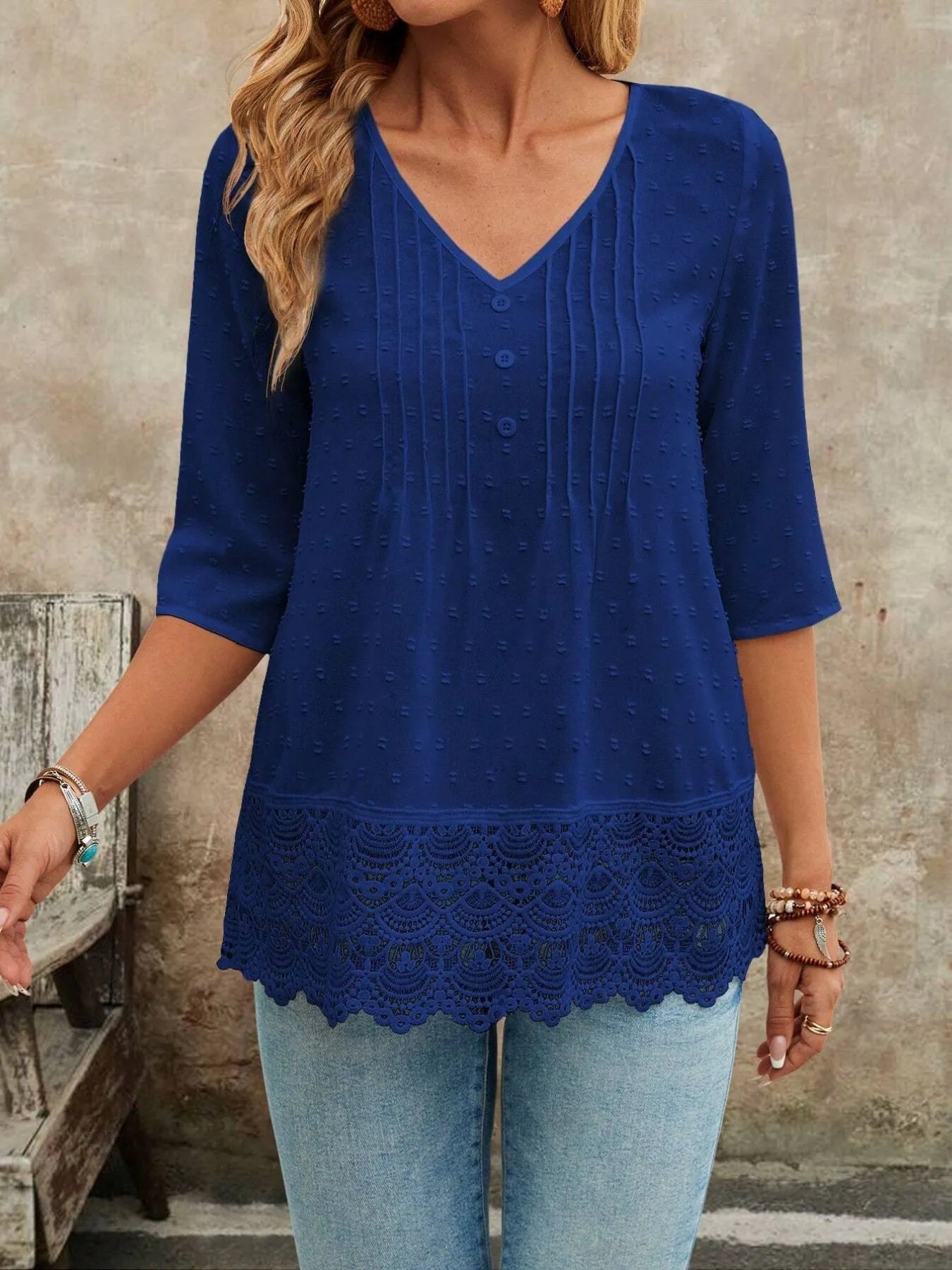 Lace Hem V - Neck Blouse designed for comfort and style at Lookzlike