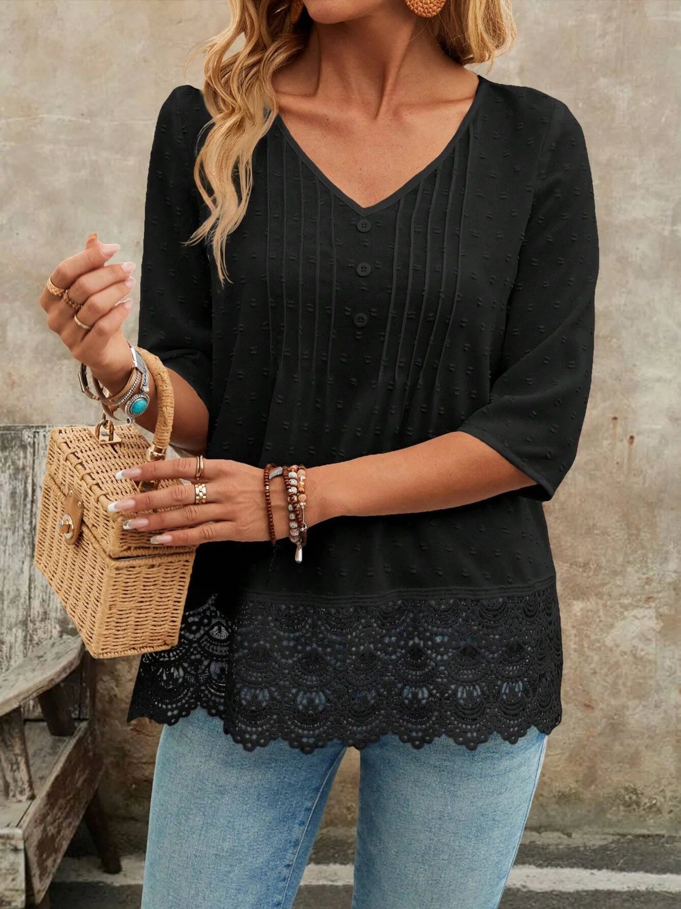 Lace Hem V - Neck Blouse designed for comfort and style at Lookzlike