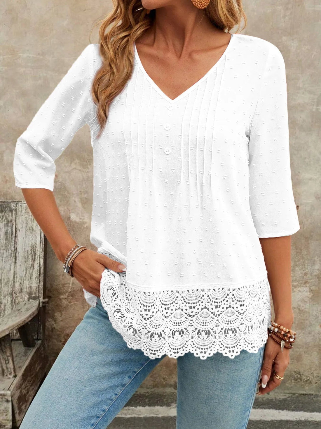 Lace Hem V - Neck Blouse designed for comfort and style at Lookzlike